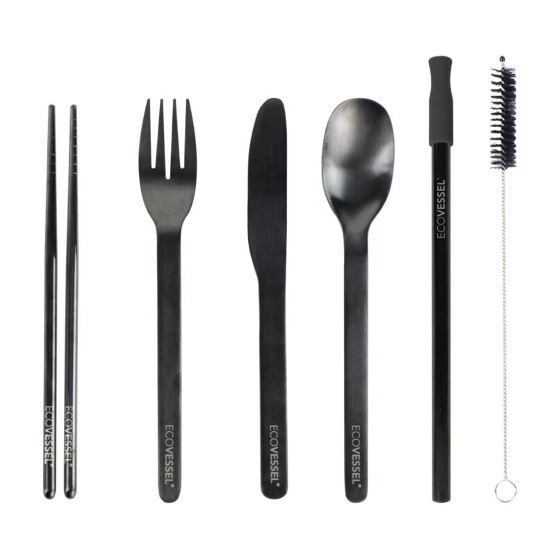 Custom EcoVessel Wanderware 6-Piece Reusable Ss Utensil Set W/Travel Pouch - Black Stainless